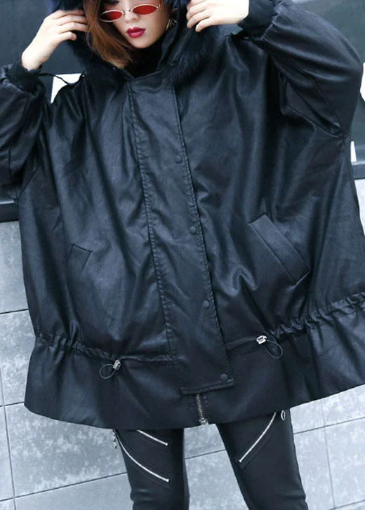 Casual Black hooded Fur collar Warm drawstring Winter Cotton PU Jacket