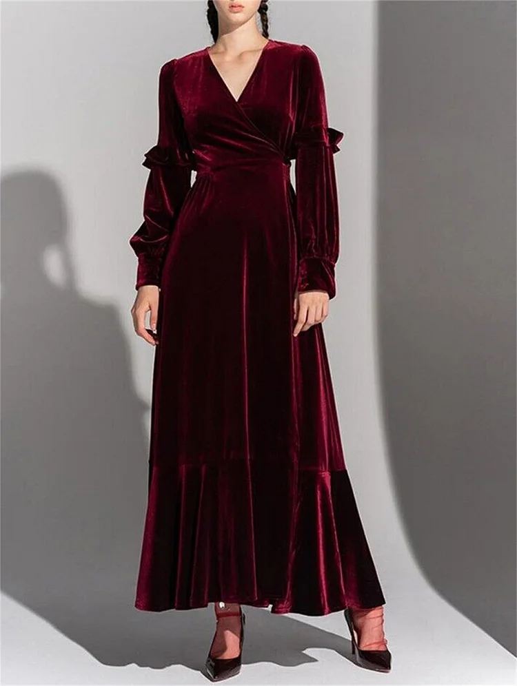 Christmas Gift Elegant Velvet Lantern Sleeve V Neck Formal Maxi Dress