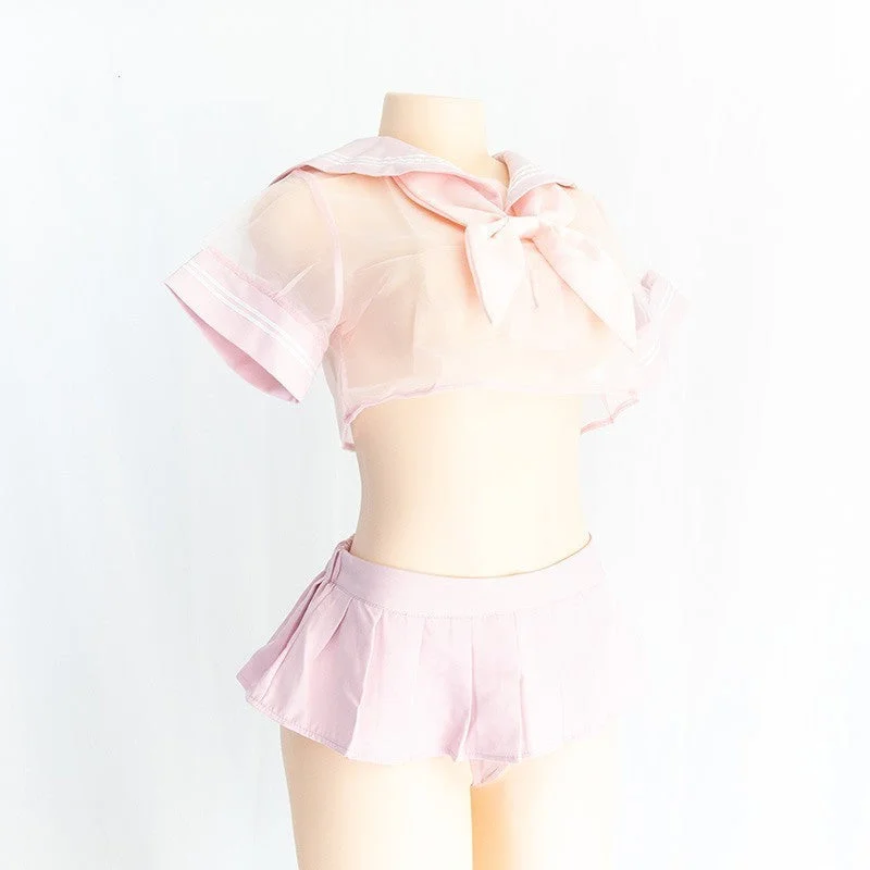 Sexy Cosplay Costume Student Sailor with Black and Pink color uniform Kwaii transparent Lolita Top Skirt Panty Erotic Roleplay