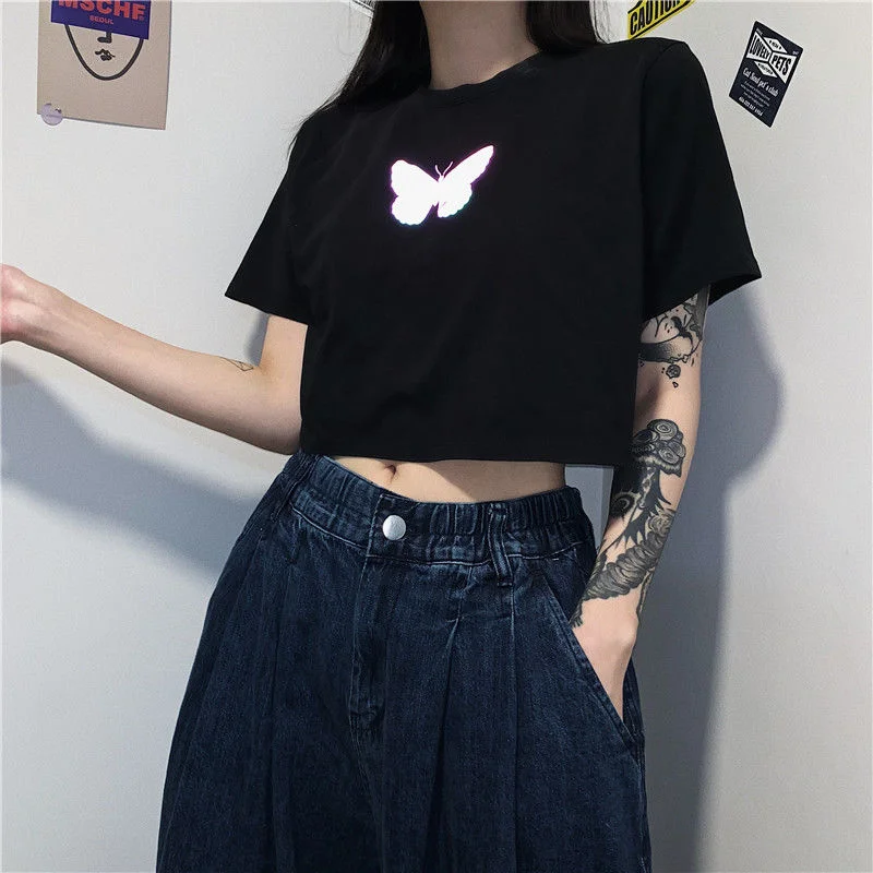T-shirts Women Short Sleeve Reflective Butterfly Print Crop Tops Couple Brandy Streetwear Chic Casual Loose Fashion Vintage Tees