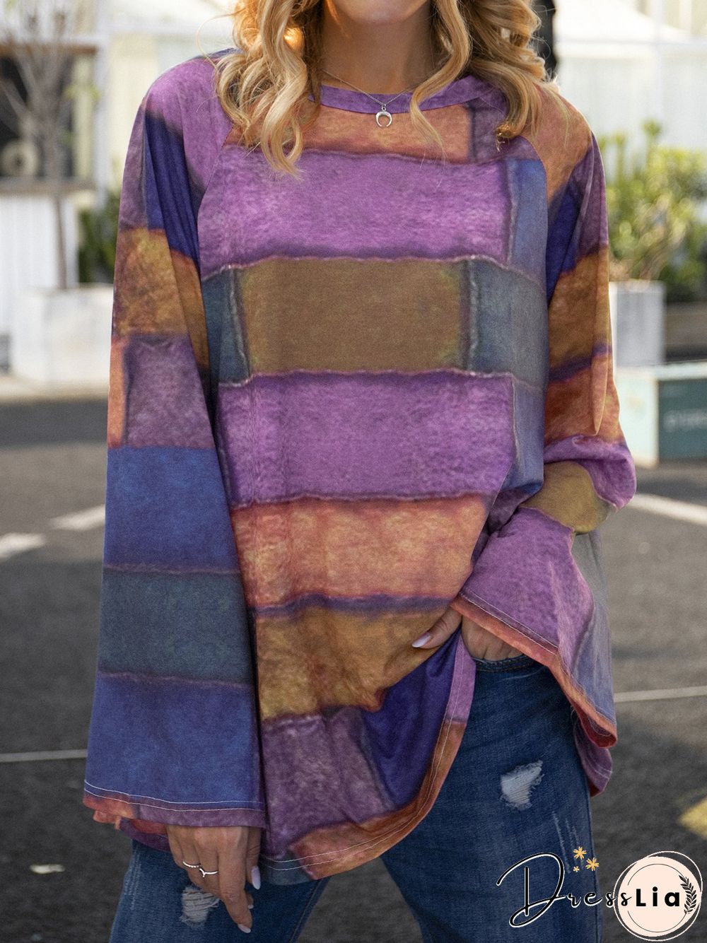 Floral-Print Crew Neck Long Sleeve Casual Tops