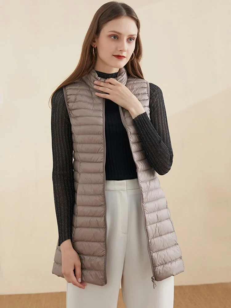 FTLZZ New Winter Women Ultra Light White Duck Down Jacket Zipper Medium Long Vest Stand Collar Outerwear 4XL Plus Size Down Coat