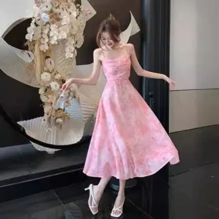 Churchf Churchf Temperament Sexy Dew Back Broken Flower Condole Belt Skirt Female 2024 Summer New Style Dozen Pull Collect Waist Thin Money Chiffon Dress