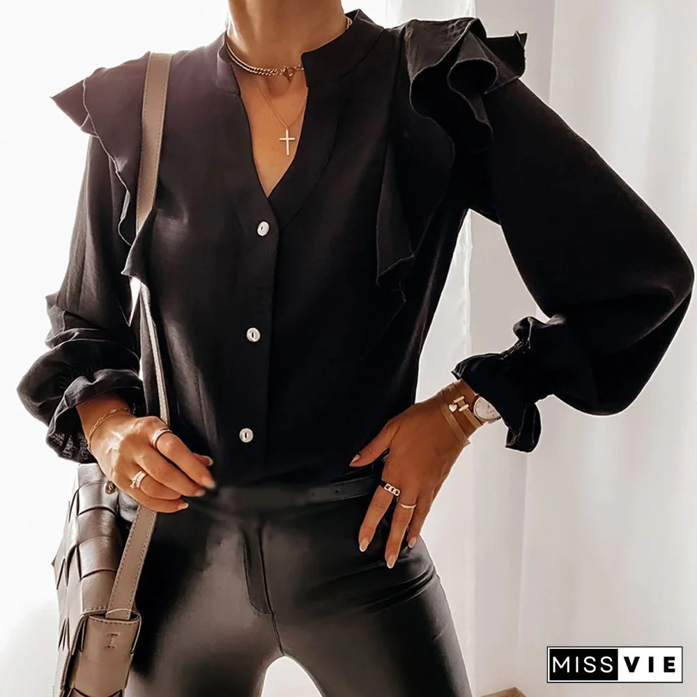 Women Autumn Long Sleeve V-Neck Pullover Tops Polka Dot Ruffle Blouse Shirts