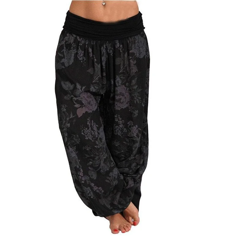 Women Bohemian Floral Print Long Pants 2021 Mid Waist Vintage Harem Pants Elastic Waist Boho Beach Trousers Plus Size 5XL
