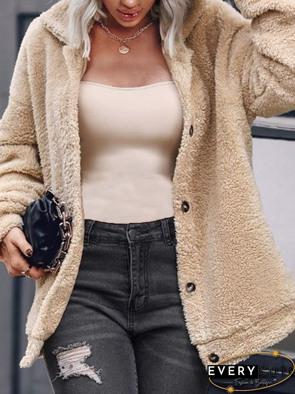 Casual Fluff/Granular Fleece Fabric Shawl Collar Teddy Jacket