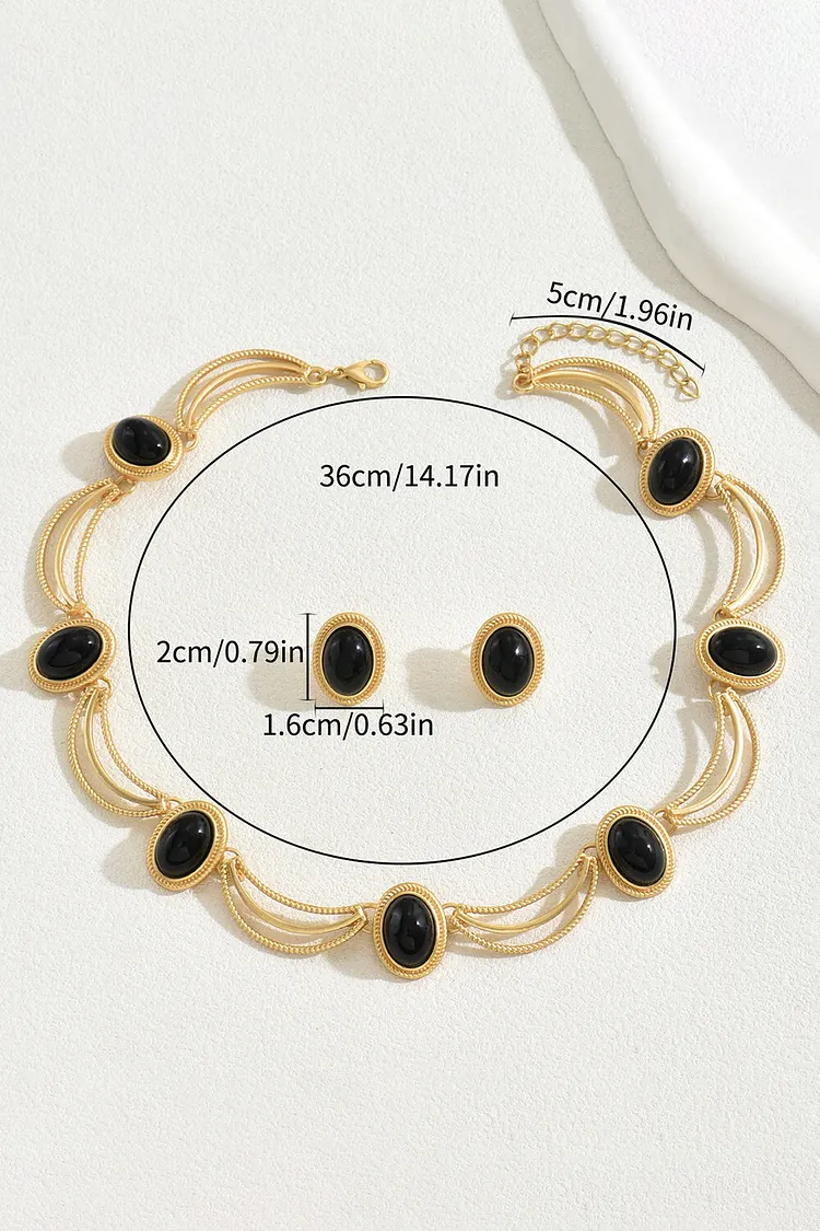 Retro Inlaid Oval Gemstone Stud Earrings Choker Necklace Two Piece Set