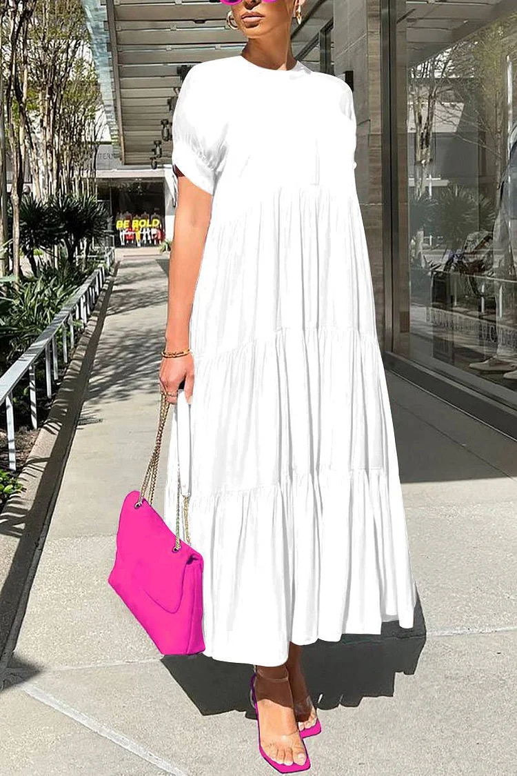Xpluswear Plus Size Vacation White Round Neck Short Sleeve Ruffle Maxi Dress