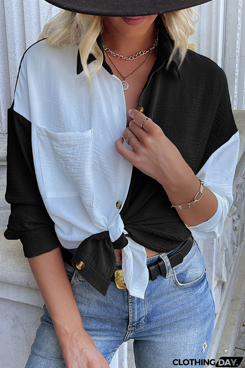 Elegant Color Block Pocket Contrast Turndown Collar Tops