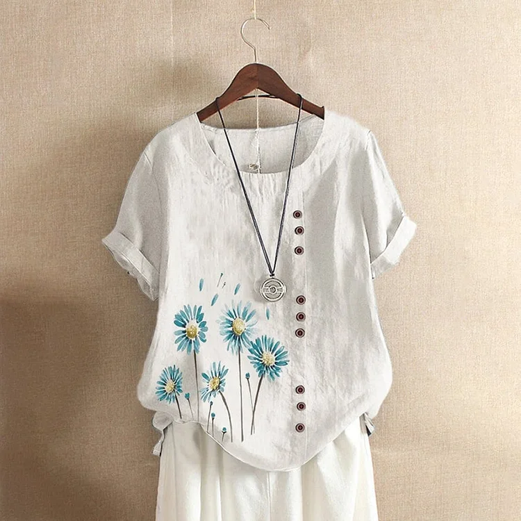 Ladies Vintage Print Loose Casual Cotton Linen Short Sleeve T-Shirt
