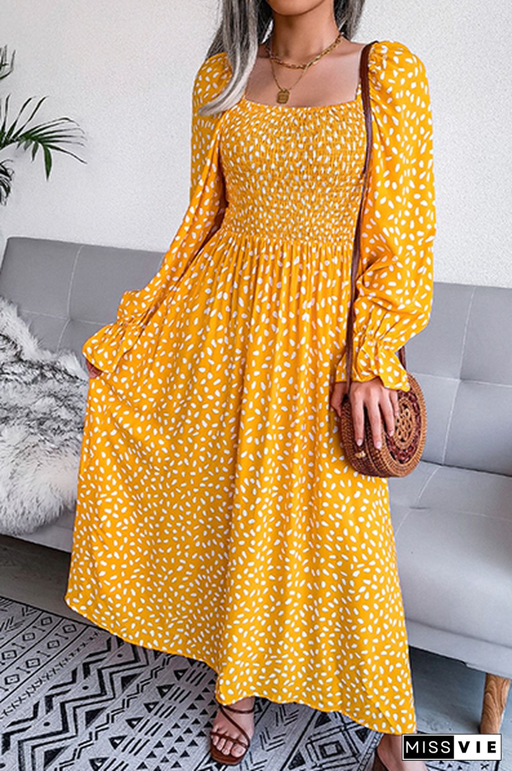 Elegant Print Flounce Fold Square Collar Dresses