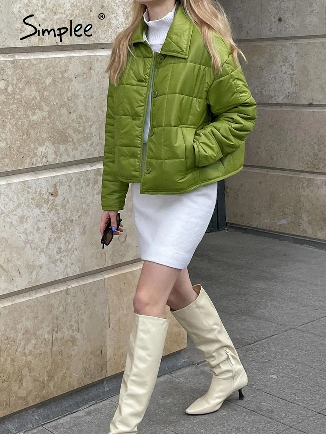 Simplee Green pocket lapel women short winter parkas Casual idyllic style warm quilted coat 2021  Office fashion puffer jackets