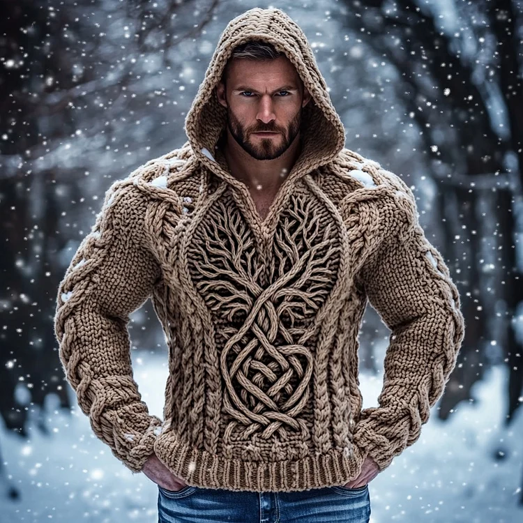 VChics Men's Viking Tribal Tree Of Life Celtic Chunky Cozy Knit Hooded Sweater