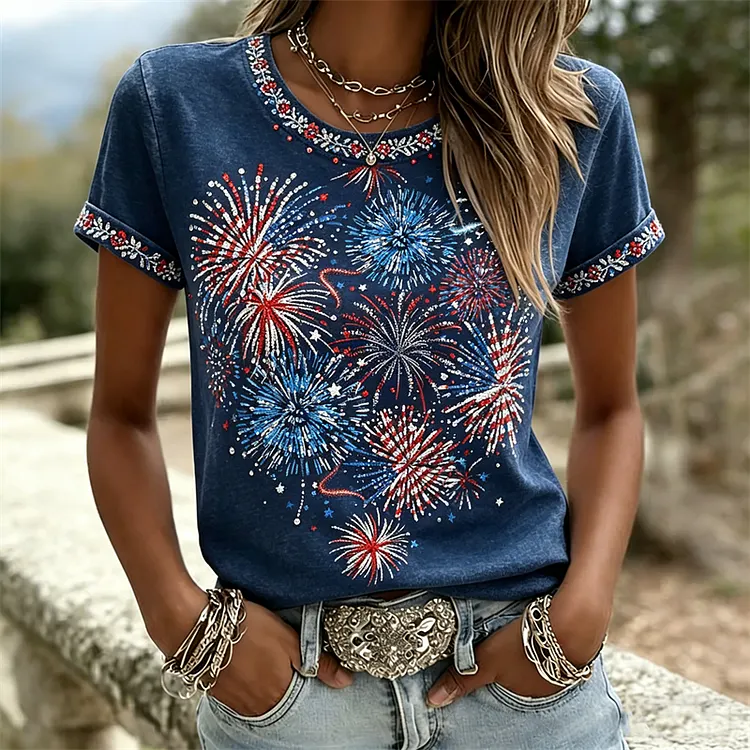 American 4th Of July Glitter Fireworks Washed T Shirt