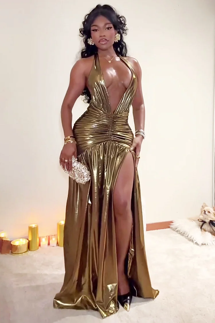 Deep V Halter Neck Ruched Slit Metallic Party Maxi Dresses-Bronze [Pre Order]