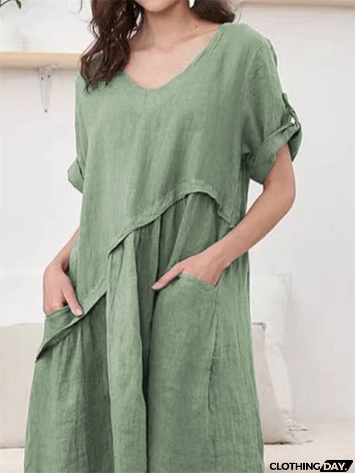 Simple Relaxed Plain V-neck Midi Dress for Women