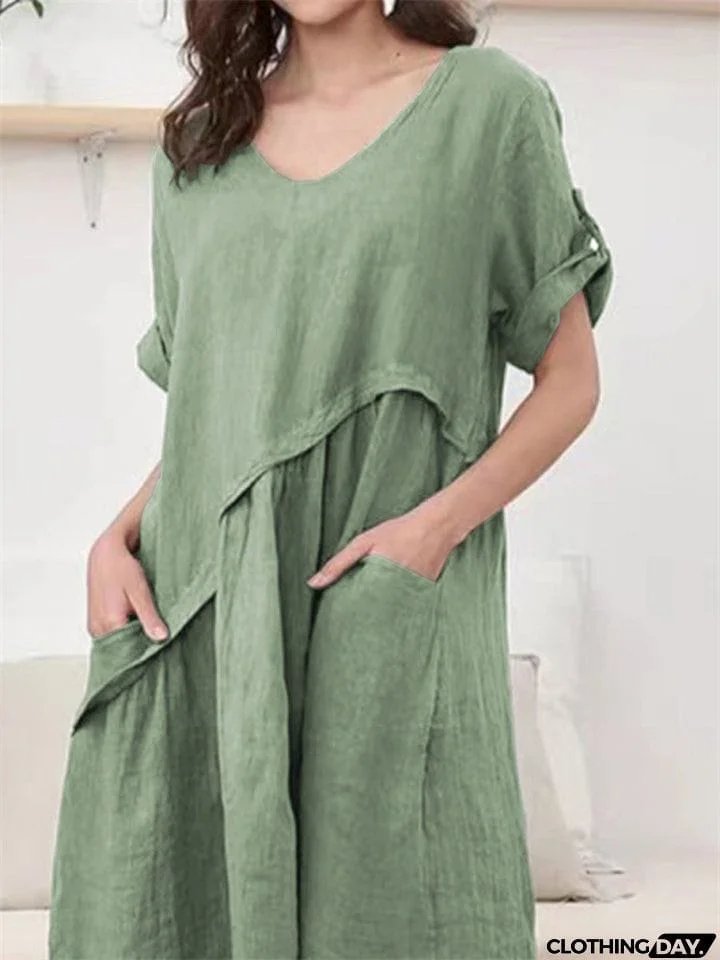 Simple Relaxed Plain V-neck Midi Dress for Women