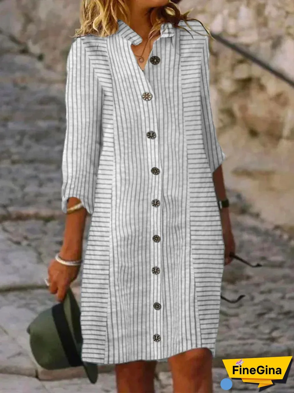 Women's Striped Solid Color V-Neck Long Sleeve Maxi Dress