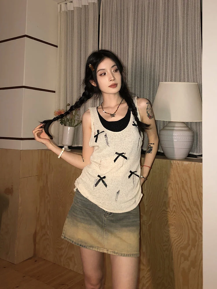 Uveng Uveng Girl Bows With Two Slings Vest Summer Dress Design Hole-Dcupy Knitting Top