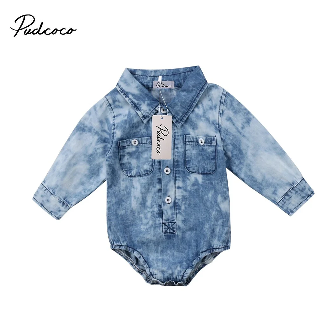 2018 Brand New Newborn Toddler Infant Baby Boy Denim Clothes Bodysuit T-shirt Jumpsuit Outfit Pocket Long Sleeve Clothes