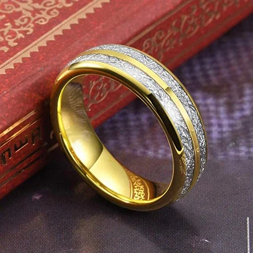 6MM 8MM Men's Or Women's Tungsten Carbide Wedding Matching Rings Yellow Gold Double Line Inspired Meteorite Domed Comfort Fit
