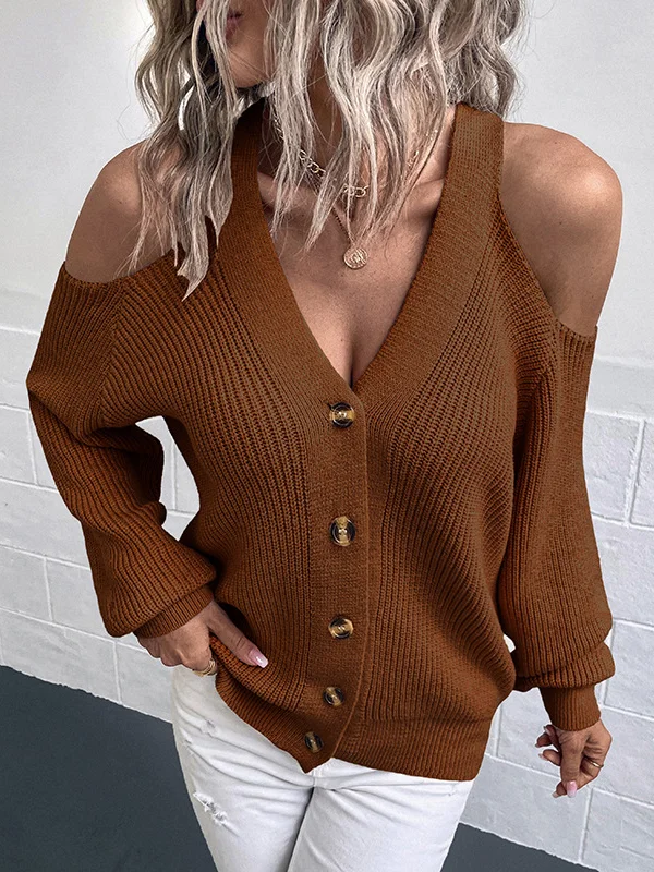 Trendy Tops Loose Solid Color V-Neck Cold Shoulder Cardigan Tops