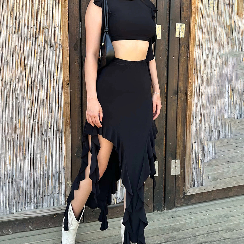 Ootddress Ruffled Tassel Patchwork 2 Piece-Set For Women High Waist Long Skirt And Crop top Outfits Solid Summer Maxi Skirt Sets