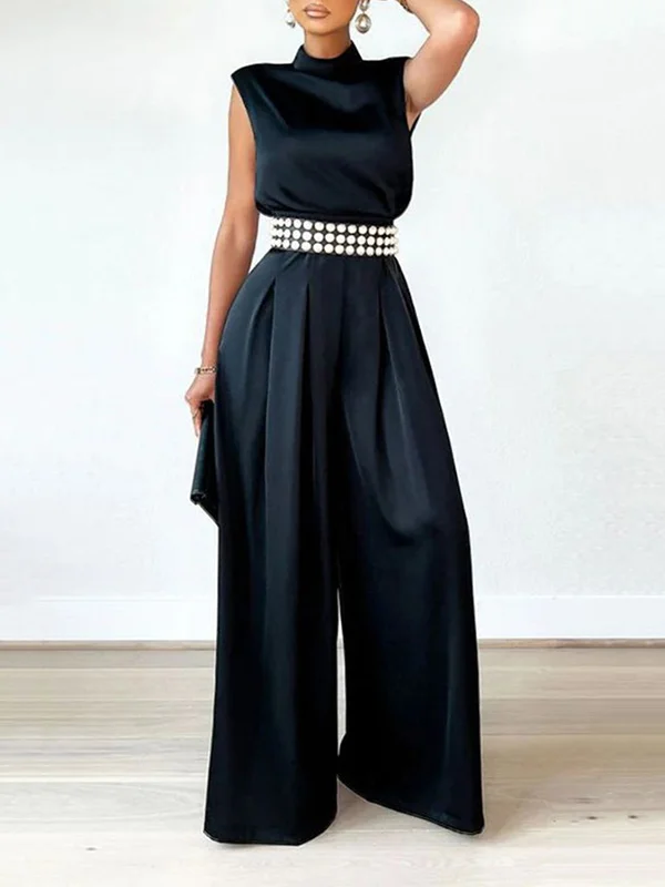 Casual Wide Leg Sleeveless Pure Color High-Neck Jumpsuits