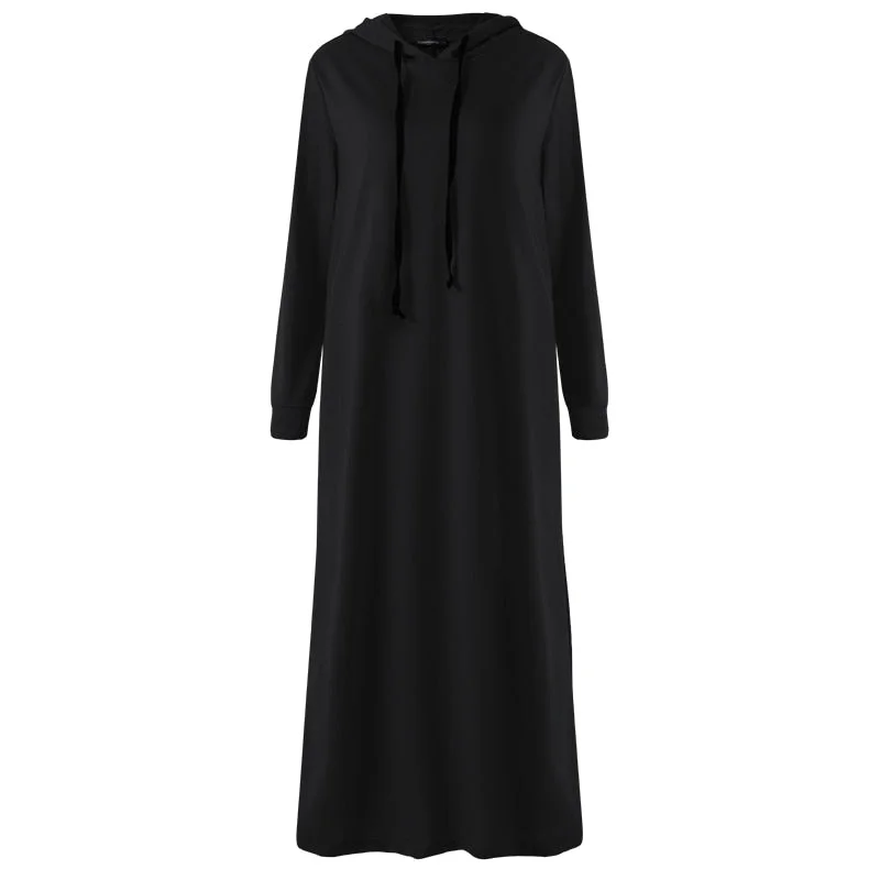 Celmia 2021 Autumn Winter Women Maxi Dress Hoodies Vintage Casual Solid Long Sleeve Pockets Hooded Dress Long Vestidos Robe
