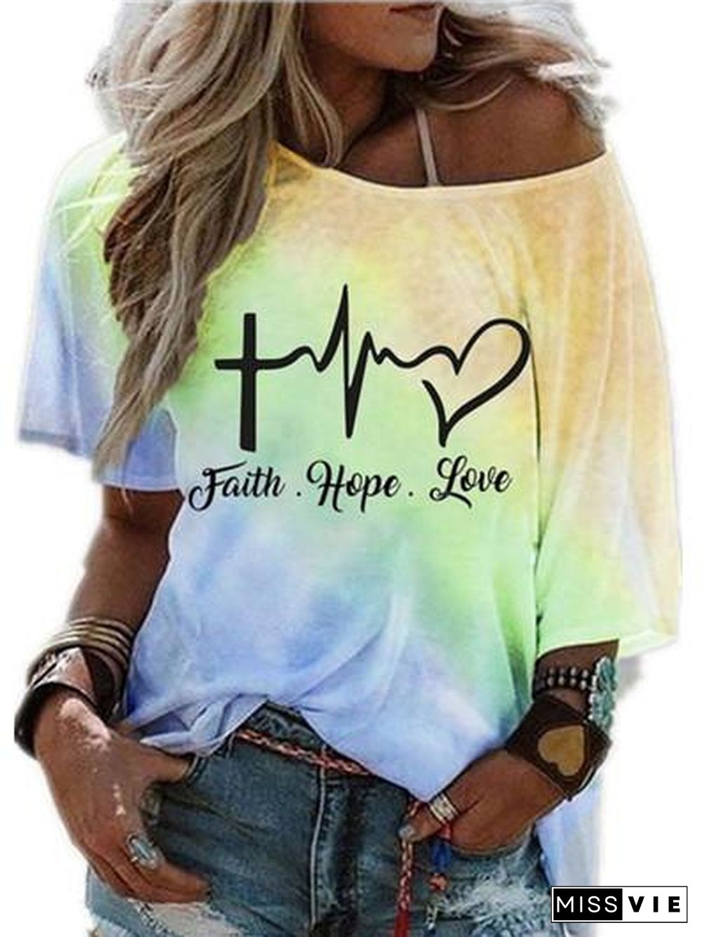Hot-selling Stylish Tie-dye Gradient Print Short-sleeved Stiletto Off-the-shoulder Top T-shirt