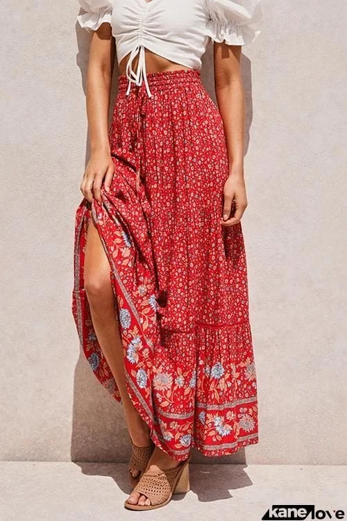 Floral Print Drawstring Waist Maxi Skirts