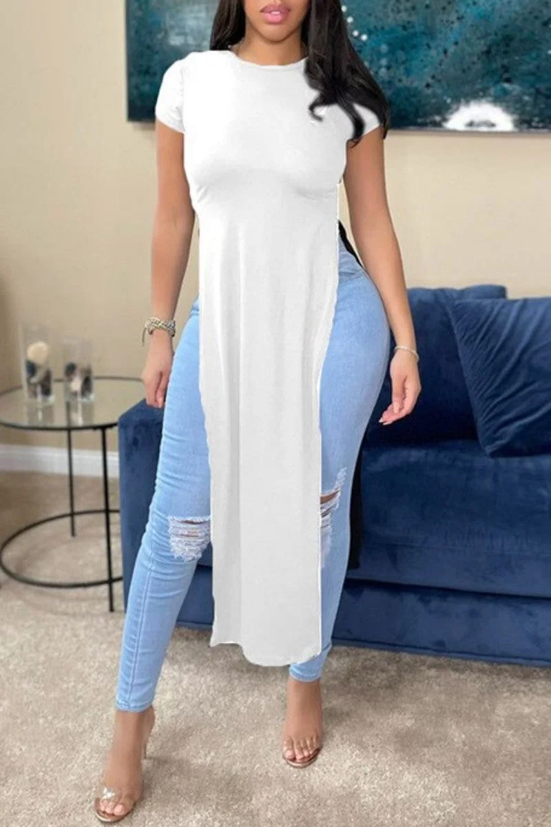 Casual Solid Slit O Neck Tops