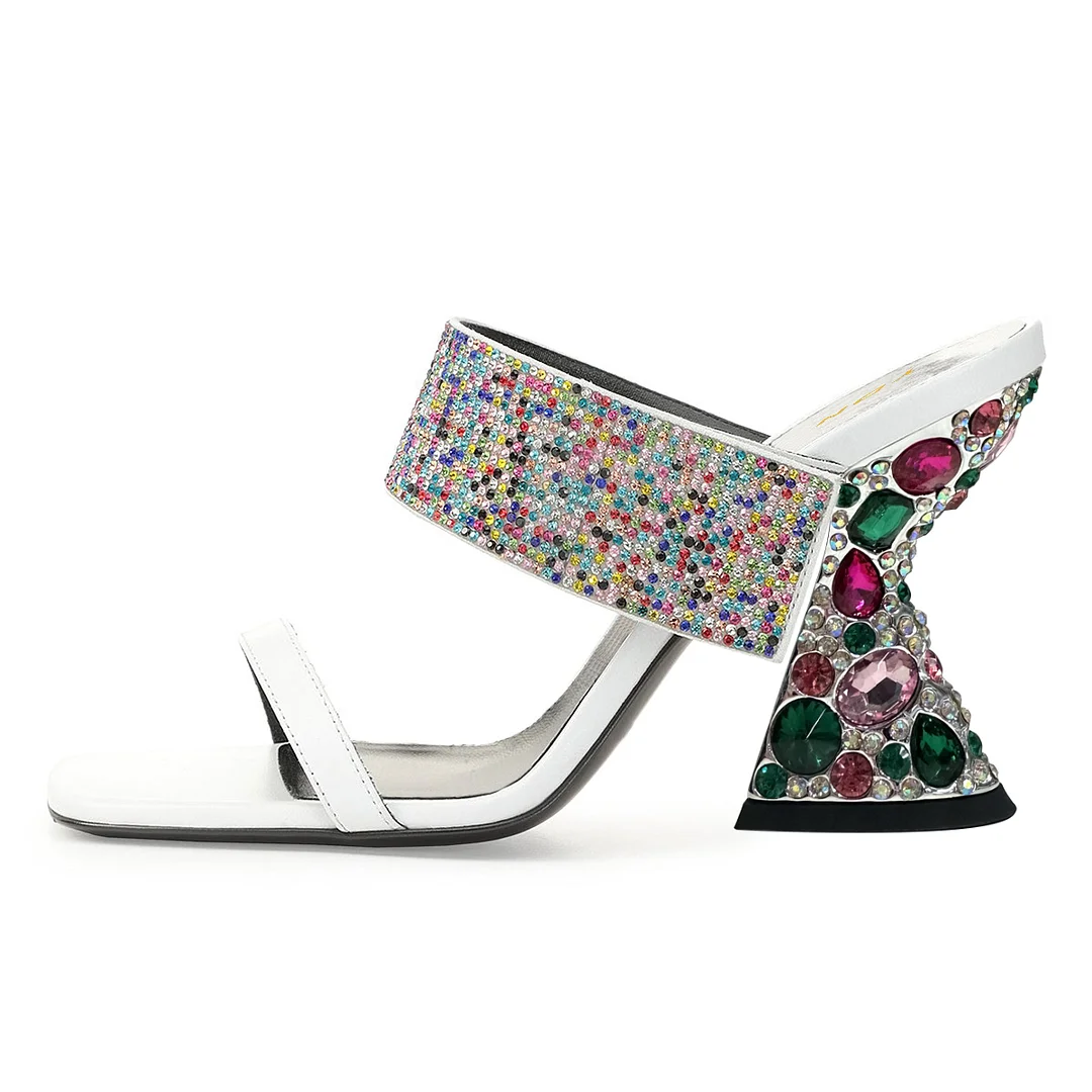 White Satin Square Toe Colorful Rhinestone Embellished Decorative Heel