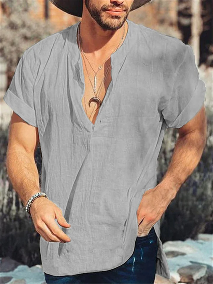 Men's Summer Solid Color Round Neck Short Sleeve Simple Cotton Linen Shirt Tops White Black Gray S M L XL 2XL-Cosfine