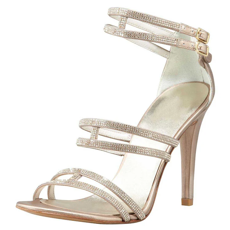 Champagne Wedding Sandals Rhinestone Open Toe Bridal Heels |FSJ Shoes