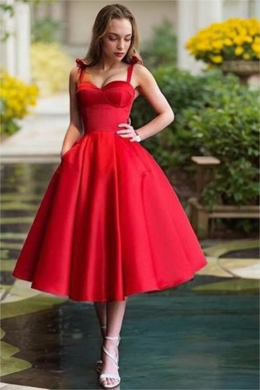 Lvs&Broner Red Satin Sweetheart Spaghetti Strap A Line Mid Homecoming Dress with Ruffles