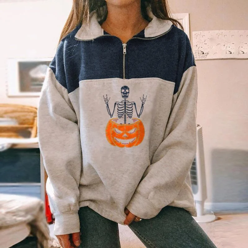 Skeleton pumpkin designer print zipper sweatshirt