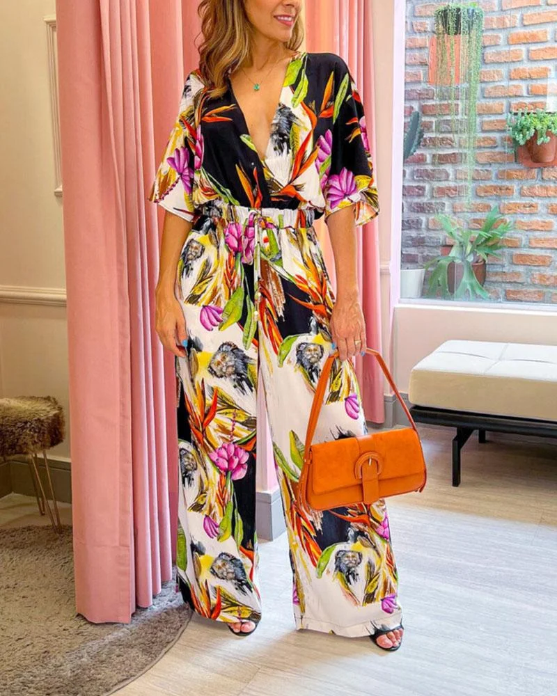 Printed V-neck Short Sleeve High Waist Jumpsuit