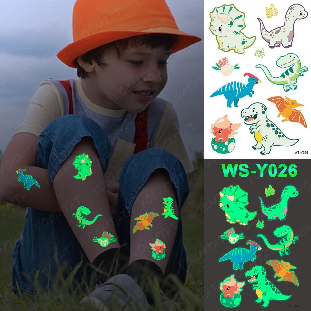Luminous Glitter Tattoo Stickers Dinosaur Children Temporary Waterproof Jurassic Boy Tatto Body Art Cute Kid Cartoon Fake Tatoo