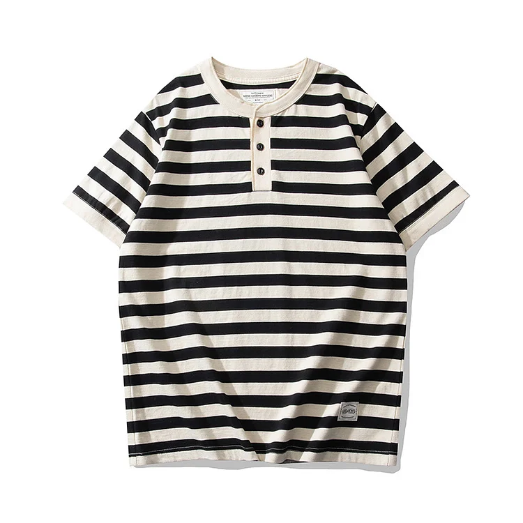 Casual 240g Heavyweight Striped Henley Neck T-Shirt