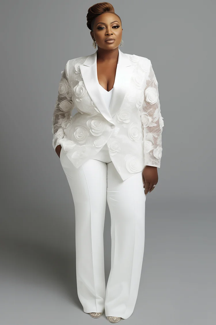 Xpluswear Design Plus Size Wedding White Elegant Lapel Collar Long Sleeve See Through 3D Two Piece Pant Suits [Pre-Order] 2024 - Xpluswear