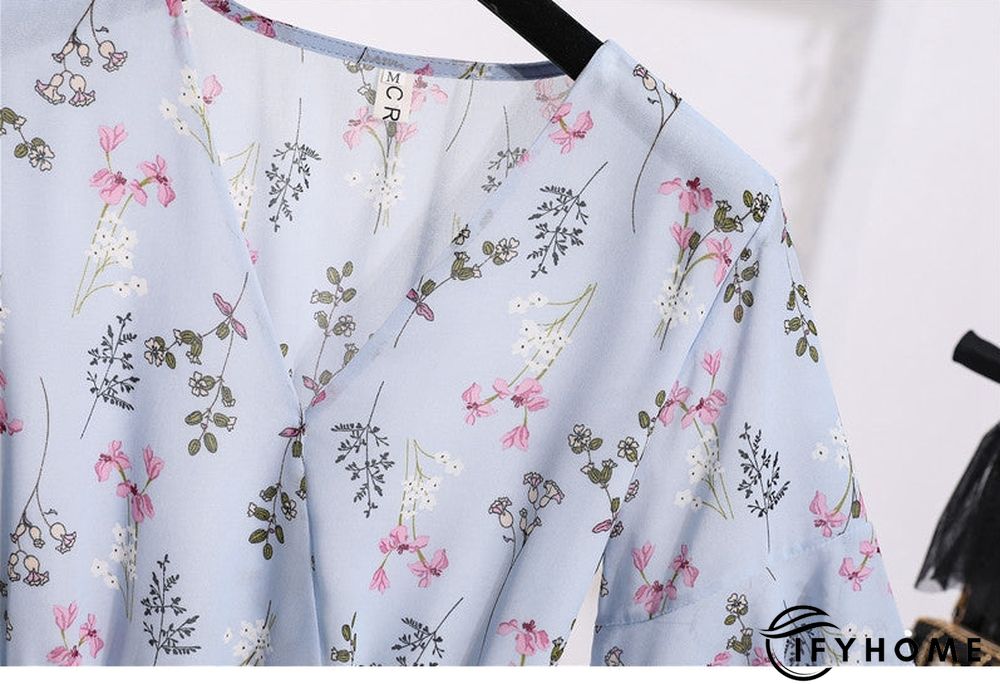 Spring Summer Chiffon Women V-Neck Floral Print Short Dresses Sweet Ruffle Sleeeve Slim Drawstring Ladies Dress | IFYHOME