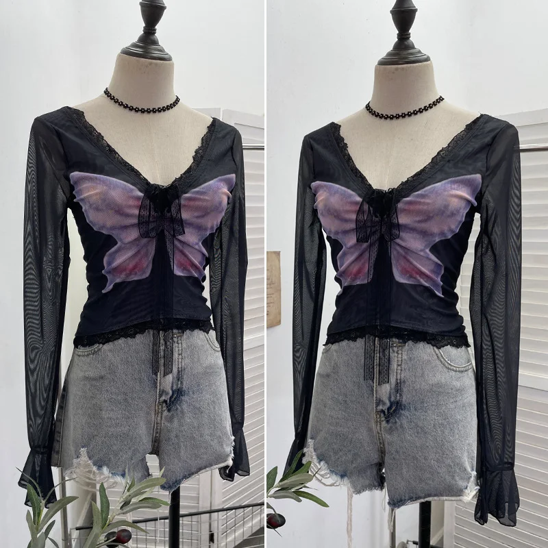 Nigikala Nigikala Shot Micro-Permeable Mesh Butterfly Print Splicing Lace Hanging Neck Horn Long-Sleeved T-Shirt Repair Short Top 1286
