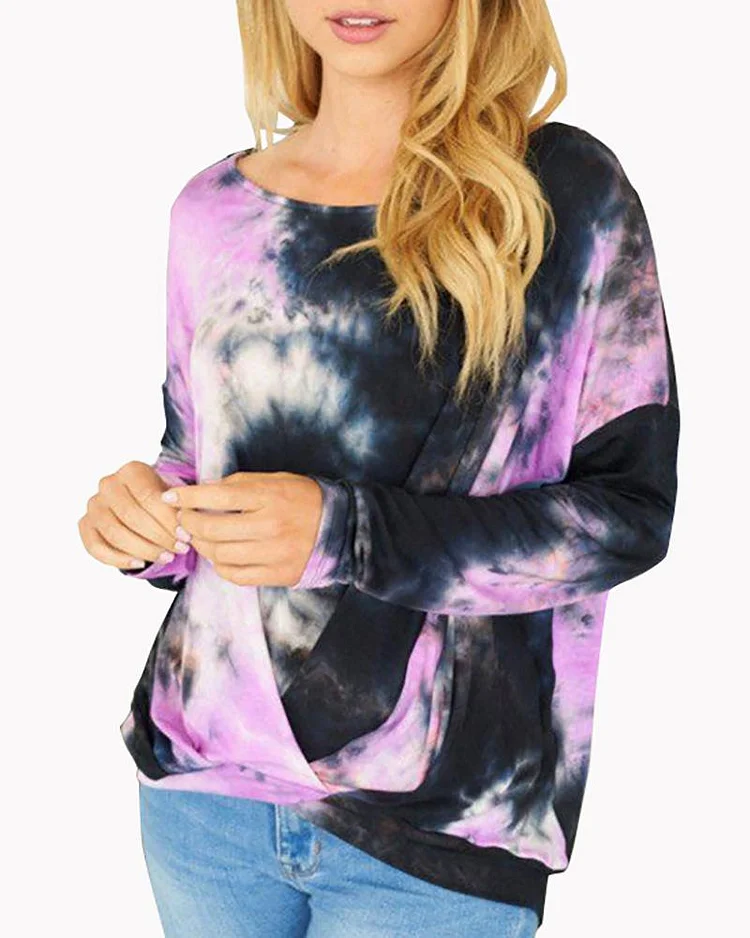 Tie Dye Print Ruched Long Sleeve Knit Top P5312932876