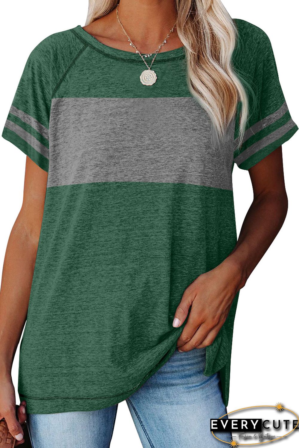 Green Stripe Sleeve Colorblock T-shirt