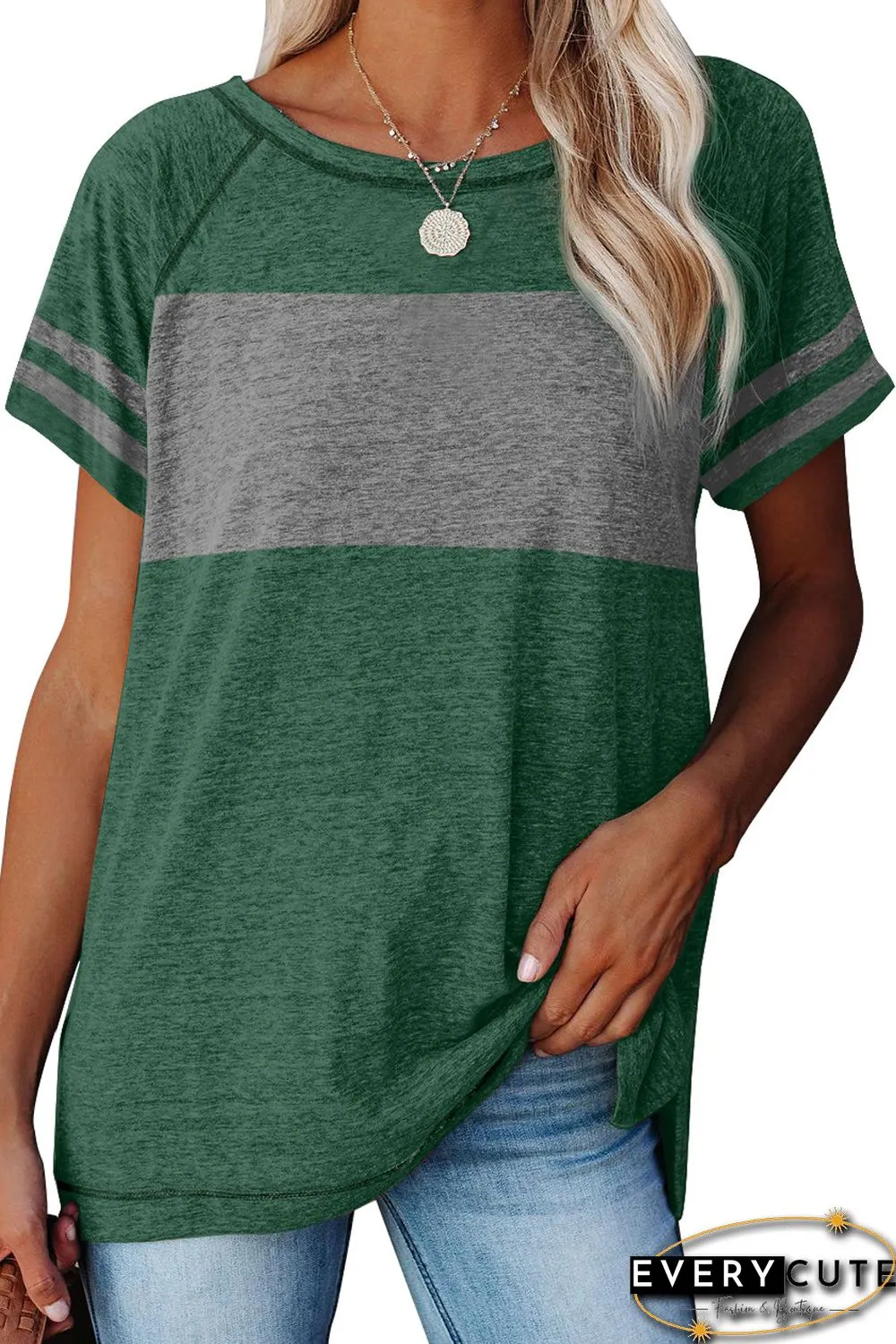 Green Stripe Sleeve Colorblock T-shirt