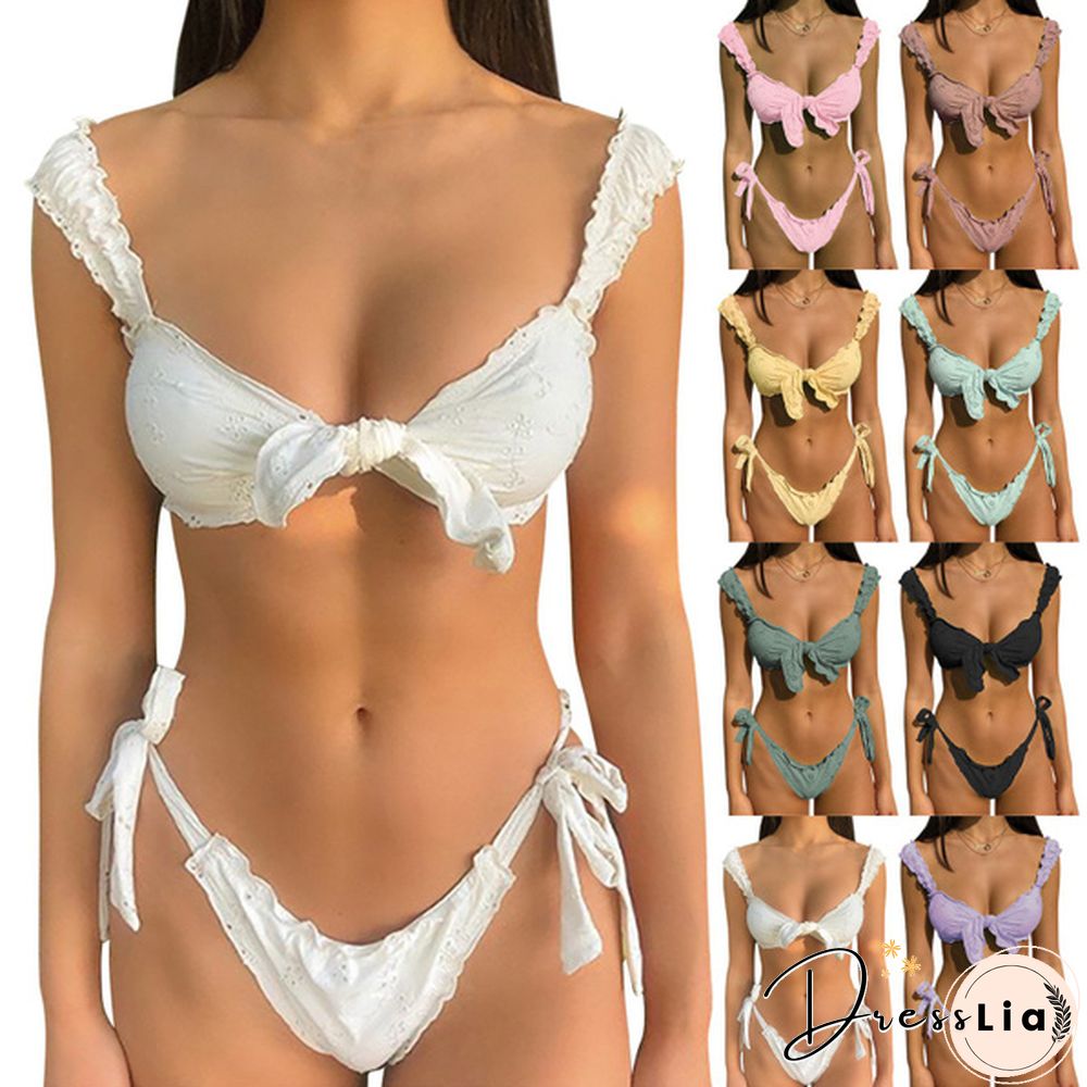 Fashion Women Two Piece Bikini Set Summer Beach Ruched Push-up Padded Bikini Tops High Waist Bottoms Ladies Swimwear