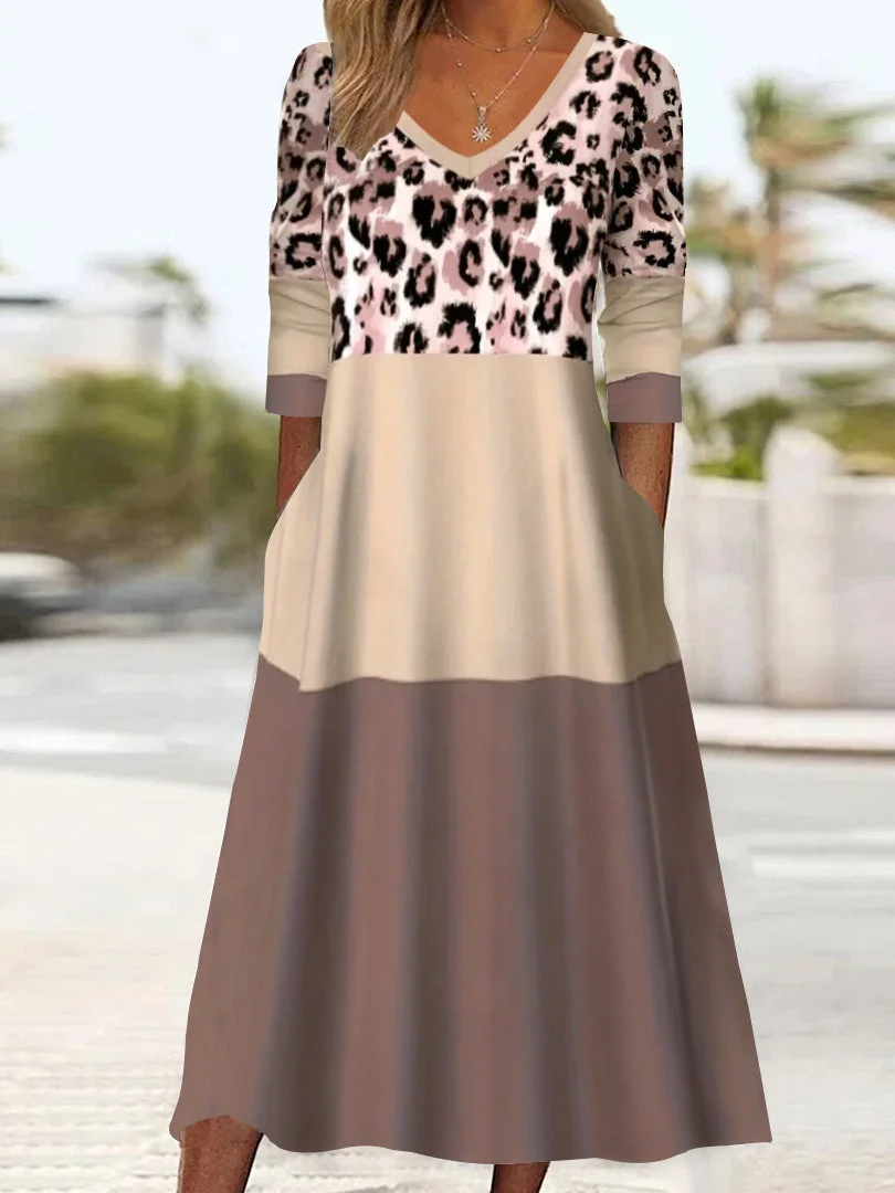 Women's Long Sleeve V-neck Graphic Colorblock Midi Dress