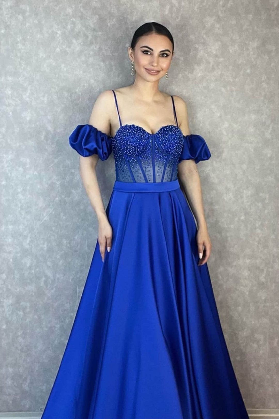 Schulterfrei Spaghettiträger Abendkleid mit Perlen ED0168 Lunass