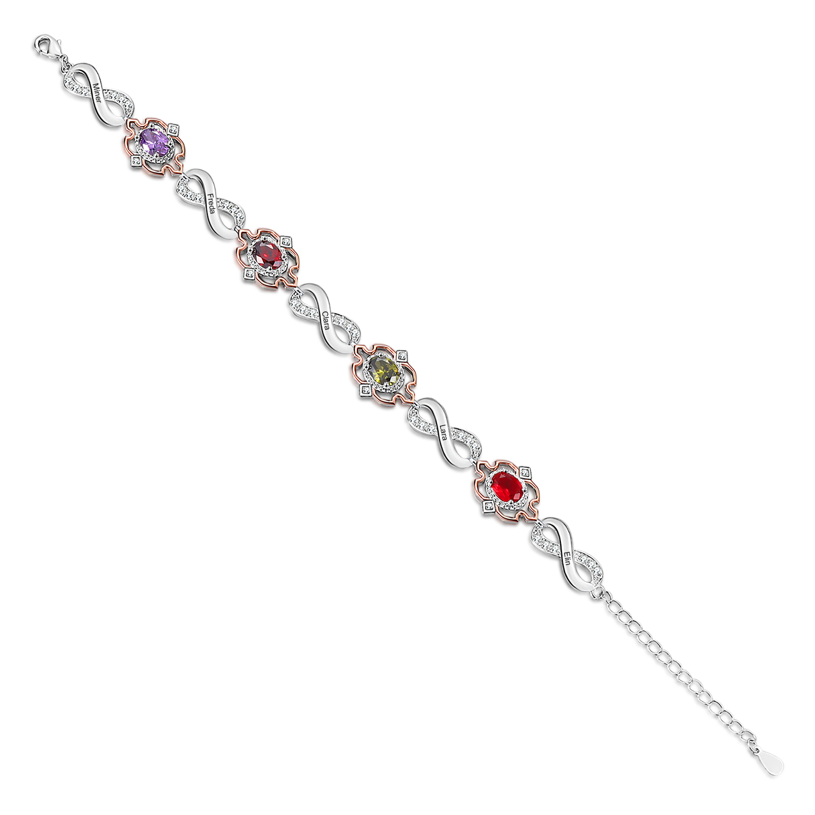 Braccialetto infinito personalizzato con 5 nomi e 4 pietre di nascita per donna